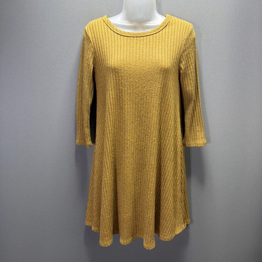 Pinc Womens Tan Round Neck 3/4 Sleeve Ribbed Knit Mini Dress M Stretch USA